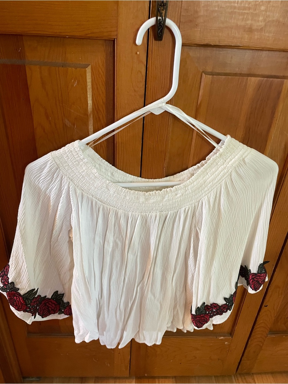 Forever 21 White Off-Shoulder Top with Red Rose Sleeve Embroidery